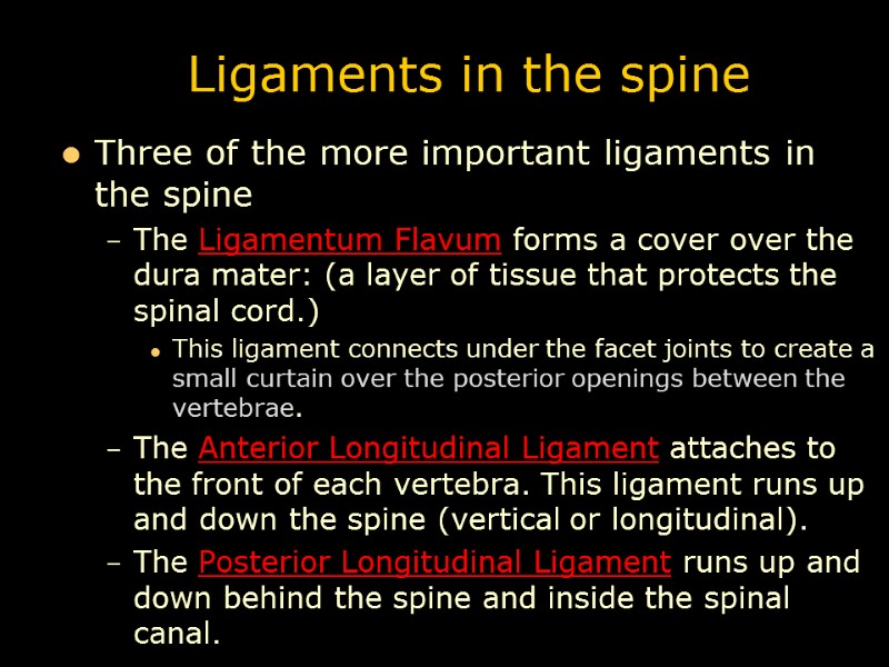Ligaments in the spine Three of the more important ligaments in the spine The
